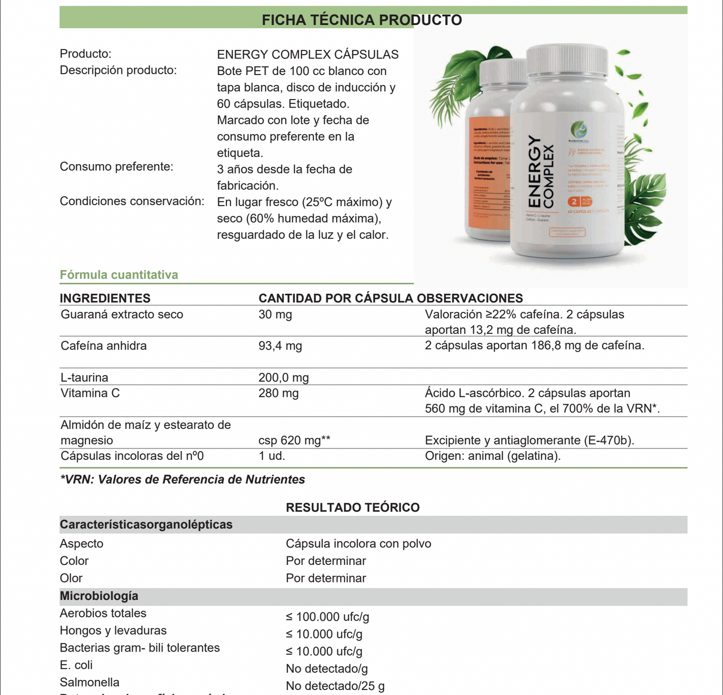 Energy Complex con Vitamina C, Cafe&iacute;na, Taurina y Guaran&aacute; — BioActive Labs Farma